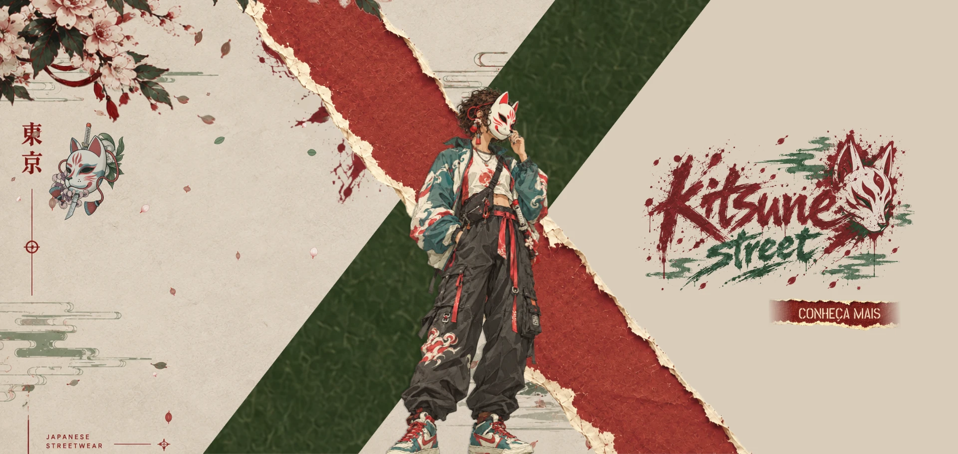 Landing page da Kitsune Street com uma personagem de máscara kitsune entre faixas vermelha e verde e o logo da marca